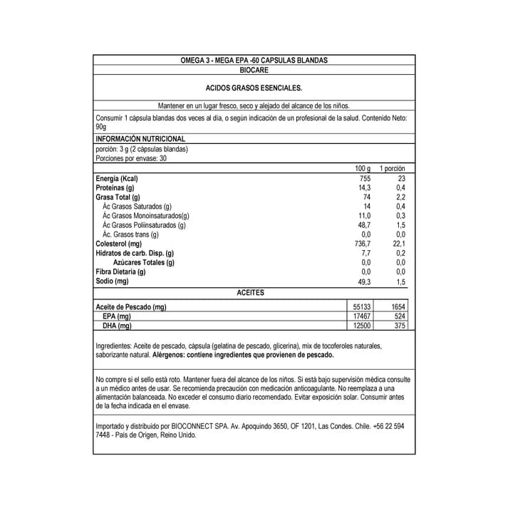 Omega 3 - Mega EPA - Aceite de Pescado - 60 cápsulas- Biocare