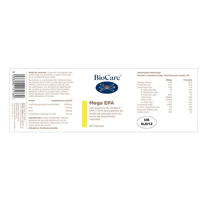Omega 3 - Mega EPA - Aceite de Pescado - 60 cápsulas- Biocare