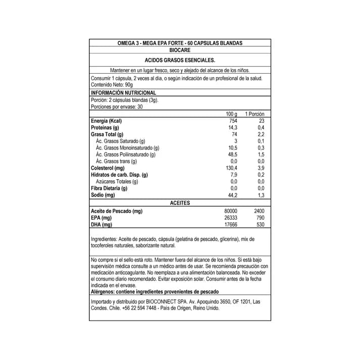 Omega 3 - Mega EPA Forte - Aceite de Pescado - 60 cápsulas- Biocare