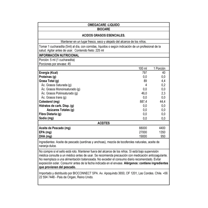 Omega 3 - OmegaCare - Aceite de pescado 225ml- Biocare