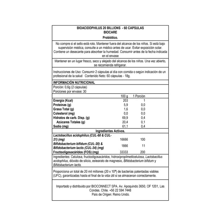 Probióticos - BioAcidophilus - 20 billones - 60 cápsulas- Biocare