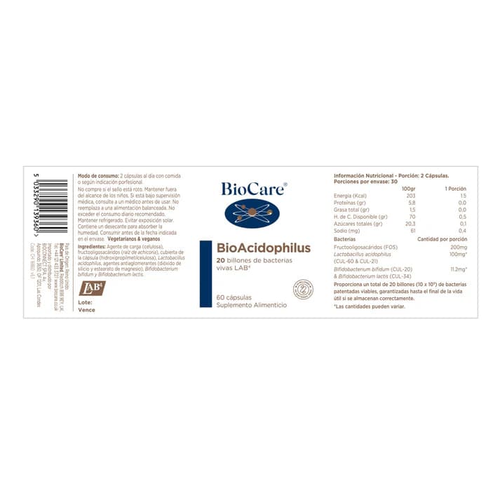 Probióticos - BioAcidophilus - 20 billones - 60 cápsulas- Biocare