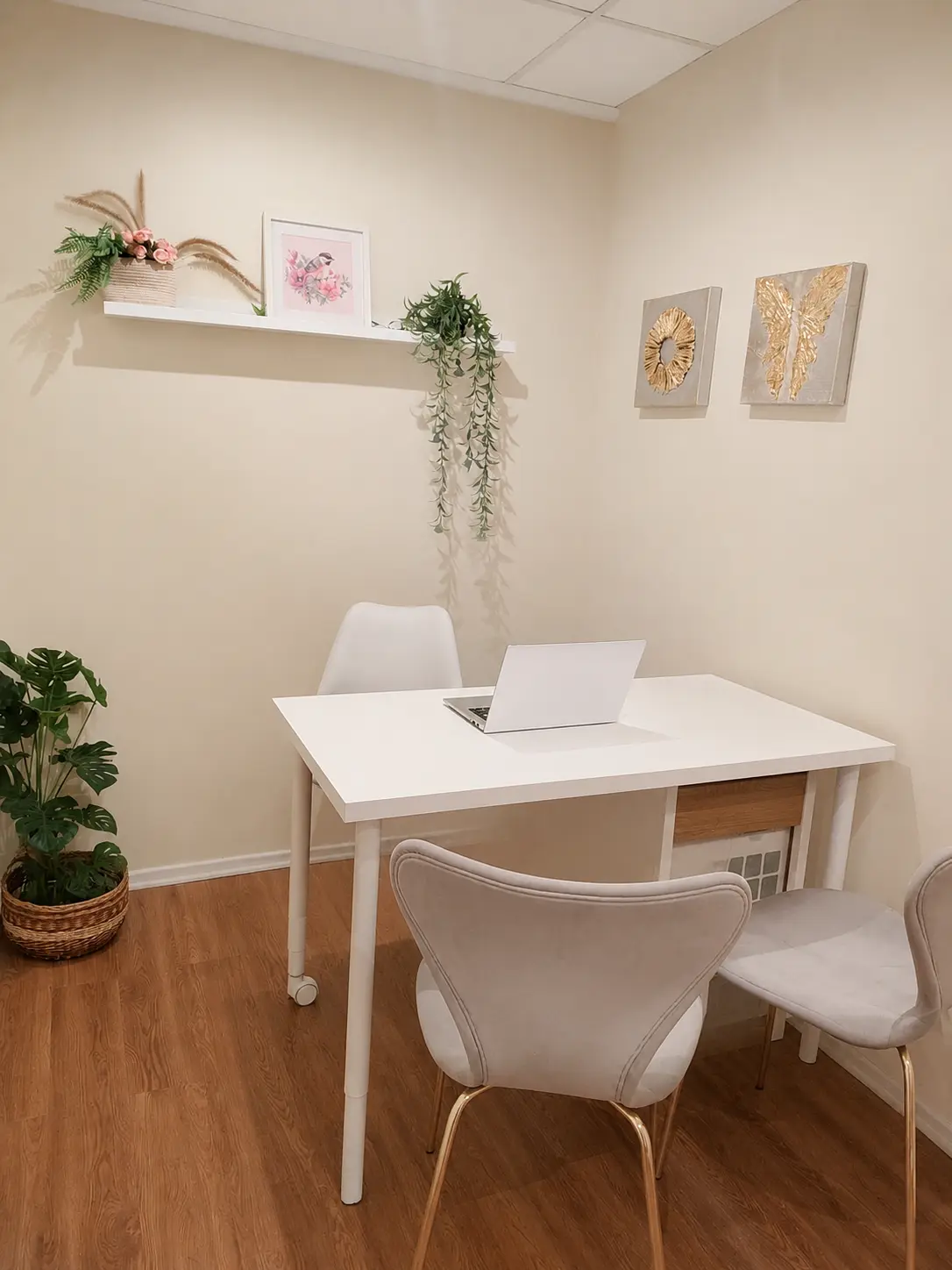 Box privado de atención de Punto Salud Consciente, con escritorio blanco, sillas claras y decoración natural